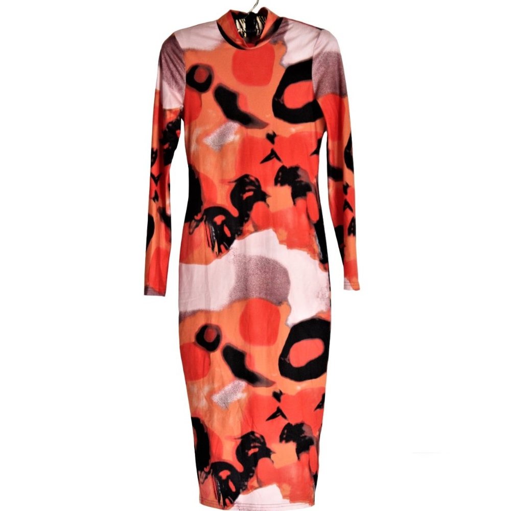 SHEIN SXY Long Bodycon Stretch Dress XS Abstract Halloween Orange Graphic Print
